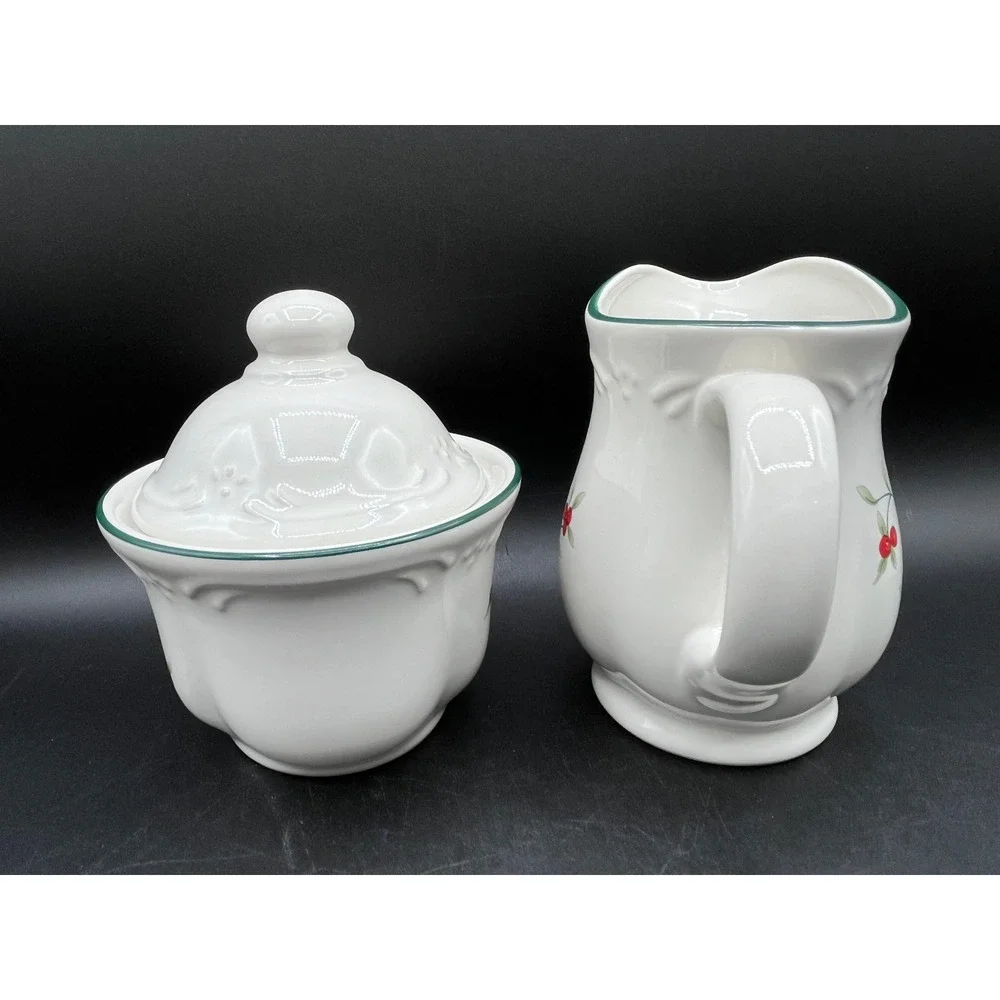 Pfaltzgraff Winterberry Cream and Sugar Set White Stoneware Holly Berry Holiday